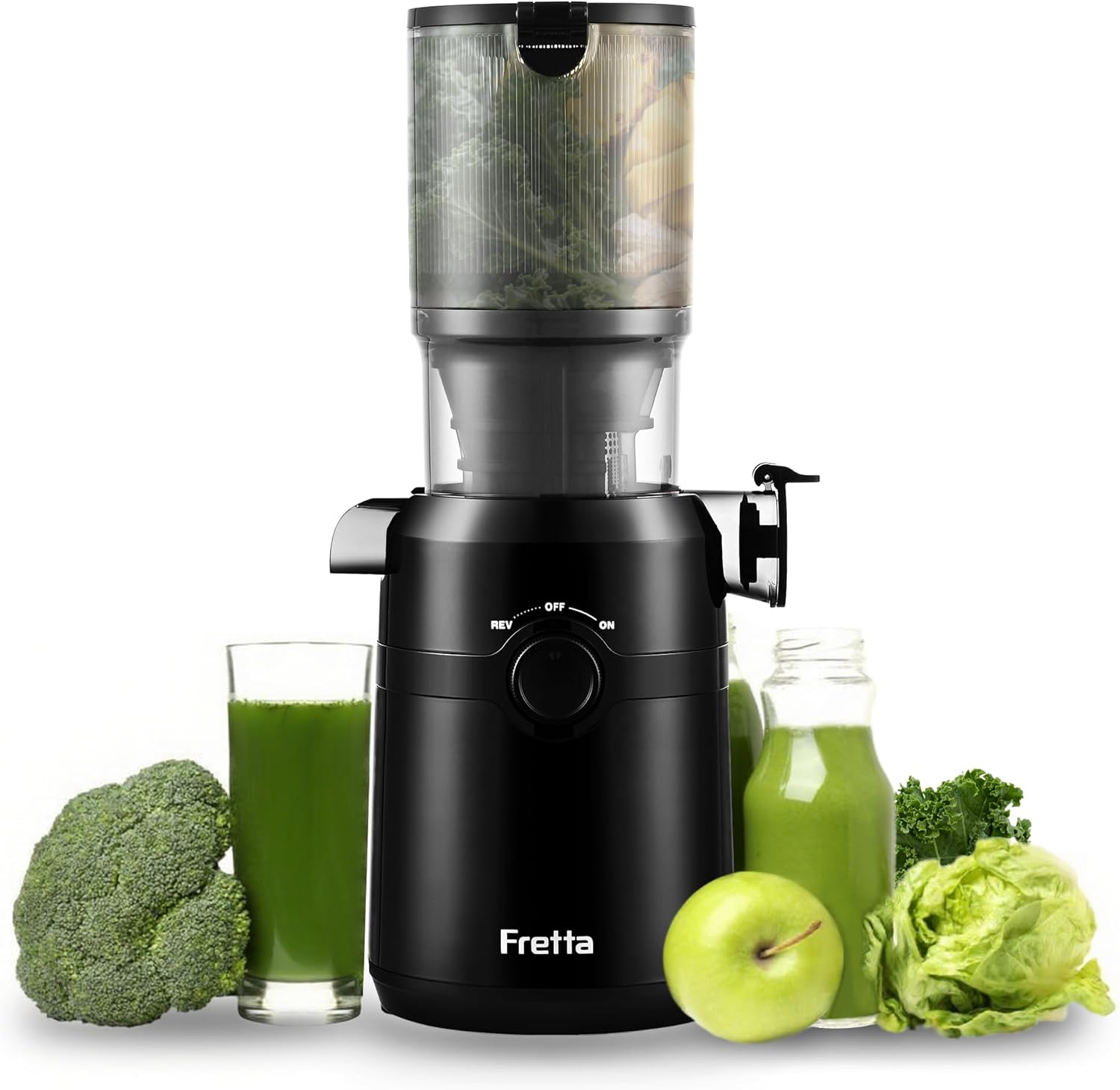 Fretta Juicer, Slow Juicer with 108 mm Width and Larger Feeding Tube, Filling Volume for Whole Vegetables and Fruits, BPA-Free Tritan Material Juicer, Easy Installation, 200 W