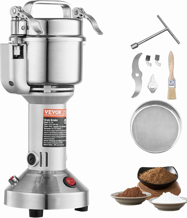 VEVOR Electric Grain Mill Portable High Speed ​​Spice Mills Commercial 750g 2000W Stainless Steel Pulverizer 28000RPM for Dry Grains Spices Cereal Coffee Corn Pepper