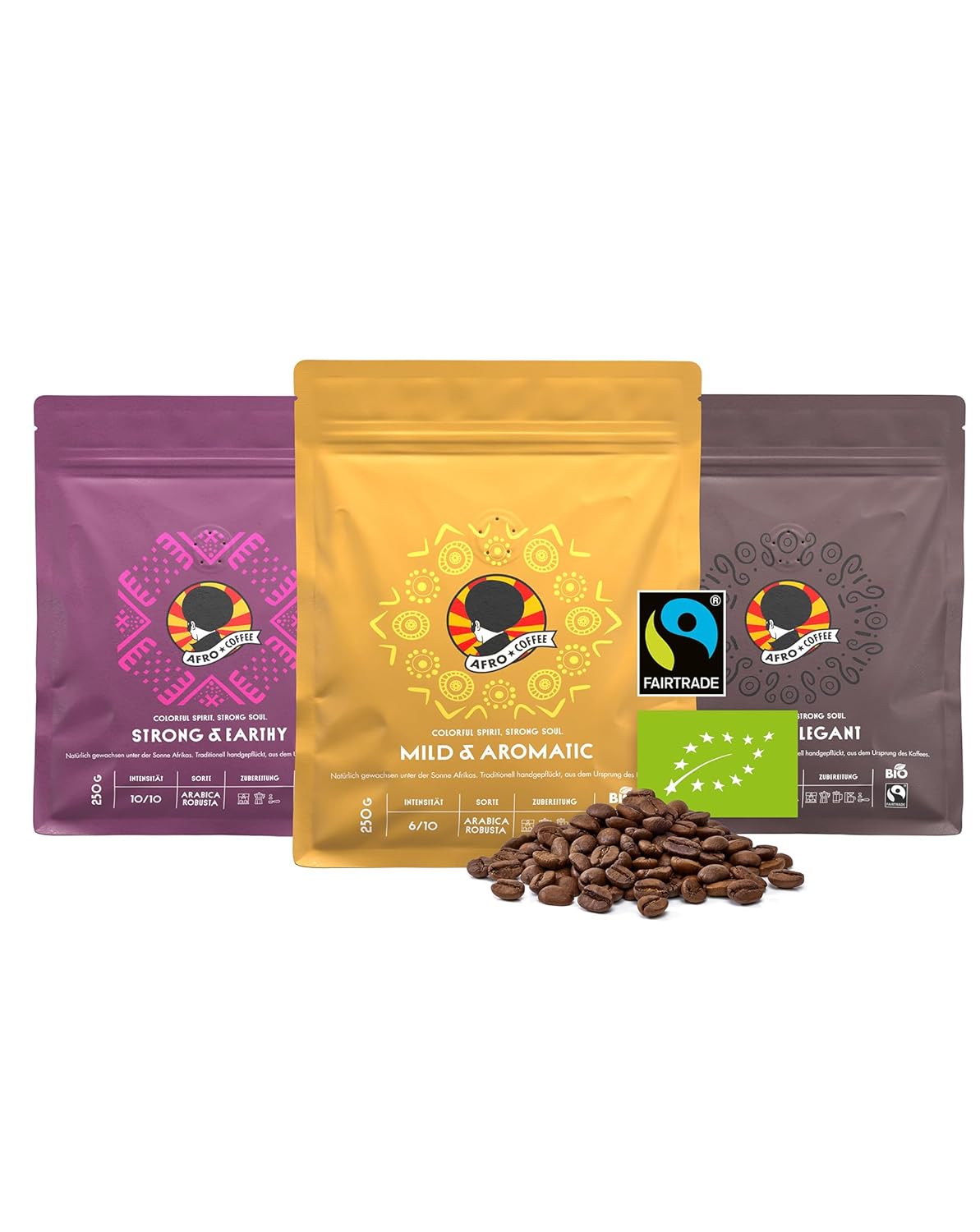 AFRO COFFEE Coffee Beans Tasting Set 3 Varieties I 3 x 250 g Premium Coffee Beans Fairtrade I Arabica & Robusta Coffee Whole Beans I East Africa Bean Coffee I Coffee Beans Hand Picked & Low Acid