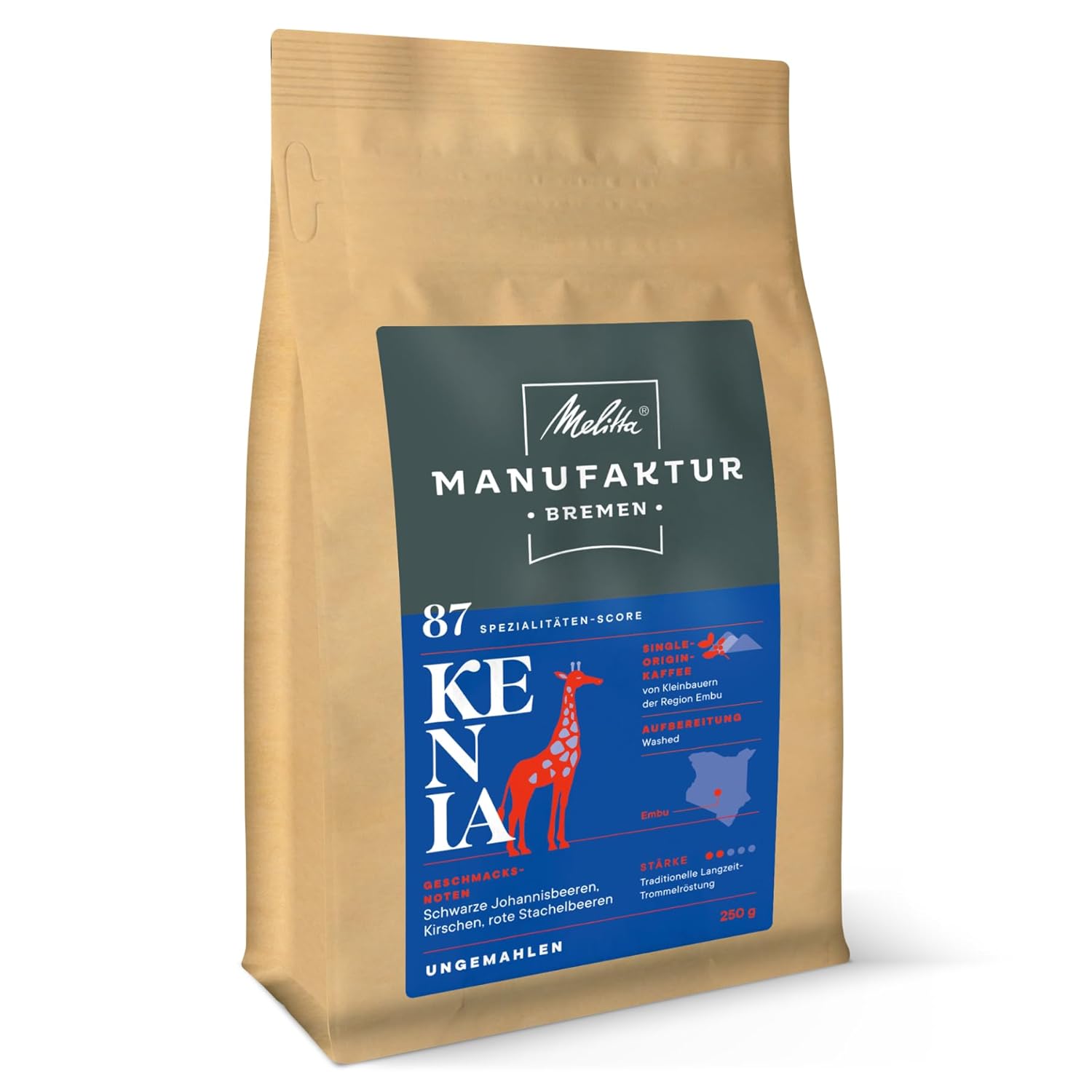 Melitta Kenya Specialty Coffee 250 g Whole Coffee Beans Unground Single Origin Coffee Gentle Drum Roasted in Germany Strength 2