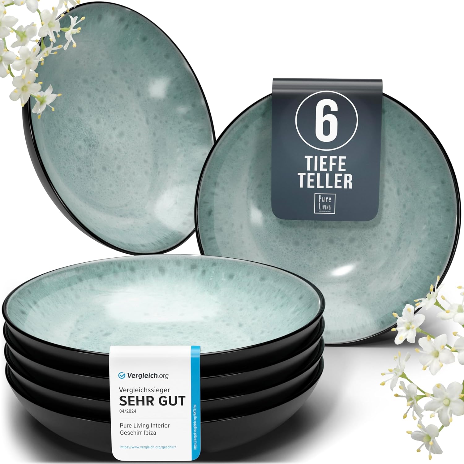 Pure Living Ibiza Stoneware Soup Plates for 6 People, Test Winner, Dreamy Mediterranean Stoneware Deep Plate Set, Pasta Plate, Large, Sage Green