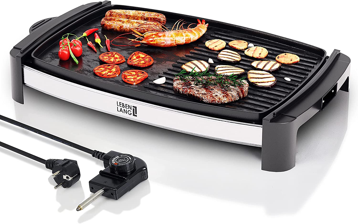LEBENLANG Electric Grill Table Grill with TÜV Certification (German Technical Inspection Association) and GS Seal, 2200 Watt, BBQ Table Grill for 4-8 People, Indoor XXL Teppanyaki Grill Plate , Electric Grill Plate for Balcony