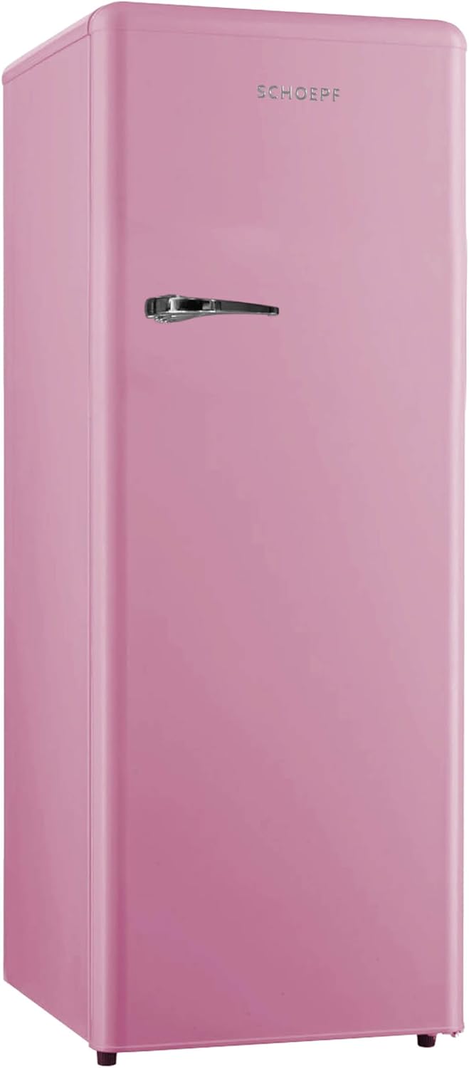 SCHOEPF RKS245 Full Room Fridge 145.6 cm - Retro Design - 238 L - LED Lighting - Height Adjustable Feet - 40 dB - Freestanding - Vintage Look - Drinks Fridge, Standard Fridge (Pink)