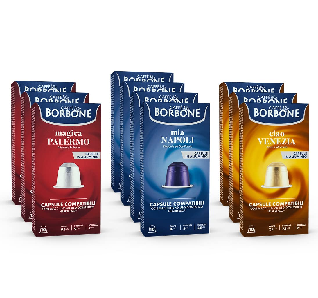Caffè Borbone Tasting Kit, 100 Aluminum Capsules: 40 Mia Napoli, 30 Ciao Venezia, 30 Magica Palermo, (10 x 10 Pack) - Compatible with Nespresso® Household Coffee Machines*