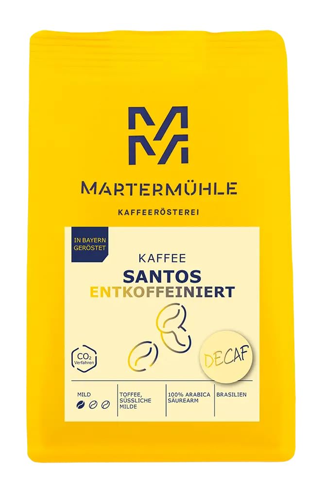 Martermühle Santos Coffee Beans Decaffeinated 1 kg Mild Arabica I Aromas: Almond, Sweet Mild I Whole Coffee Beans Gently Roasted, Low Acid
