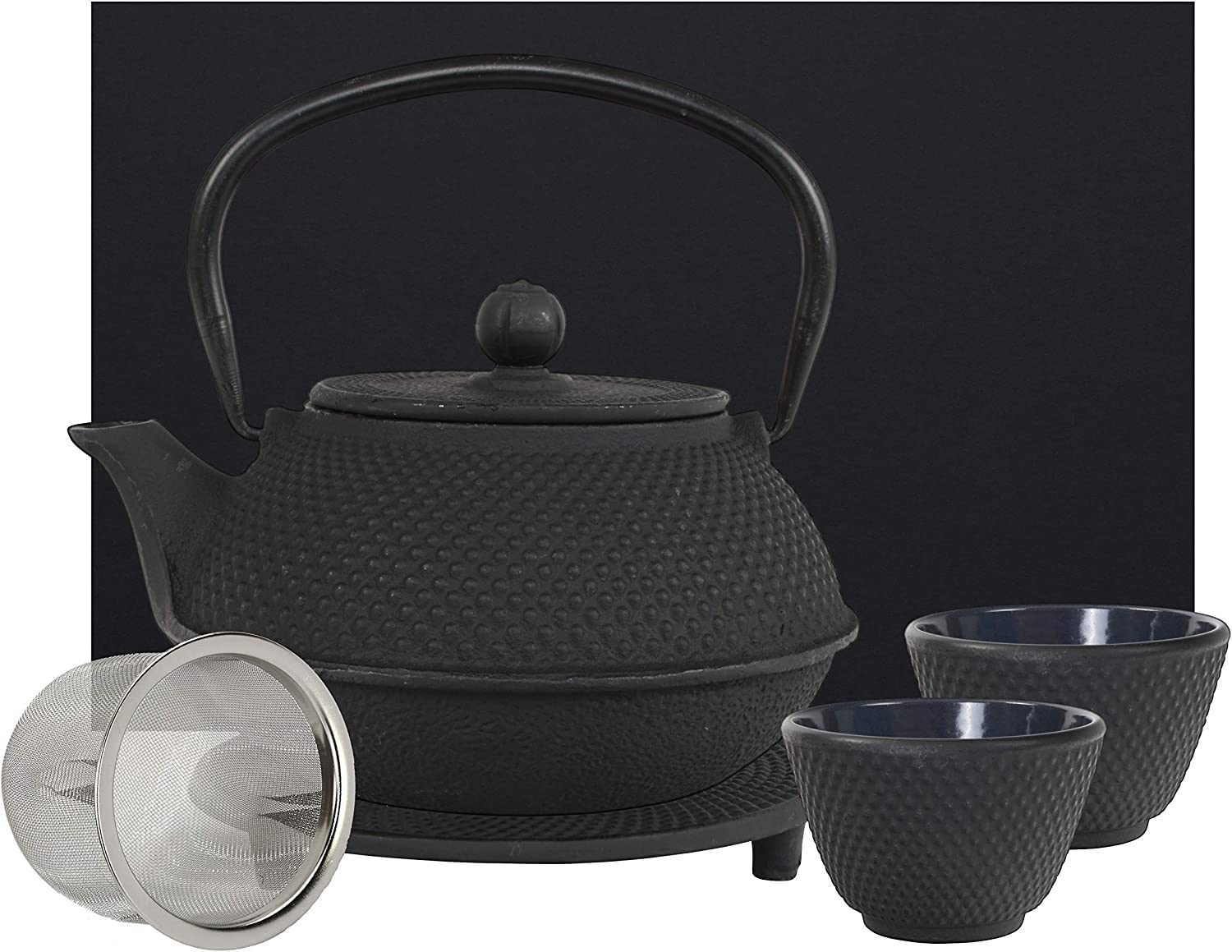 Teeblume Cast Iron Teapot Arare Set Cast Iron Teapot with Sieve Includes Saucer, 2 Cups & Gift Box Matching Inside Fully Enamelled Choice of Colours, 900 ml