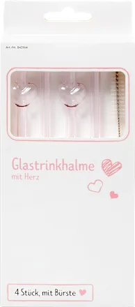wenco Glass drinking straws with a heart design, pink, 5 pieces