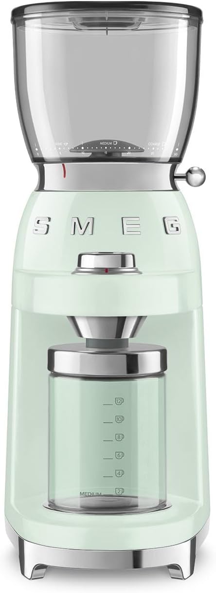 Smeg, Coffee Grinder CGF11PGEU, Conical Stainless Steel Grinder, 30 Grinding Settings, 350 g Coffee Bean Container, Premium Die-Cast Aluminium Housing, 150 W, Pastel Green