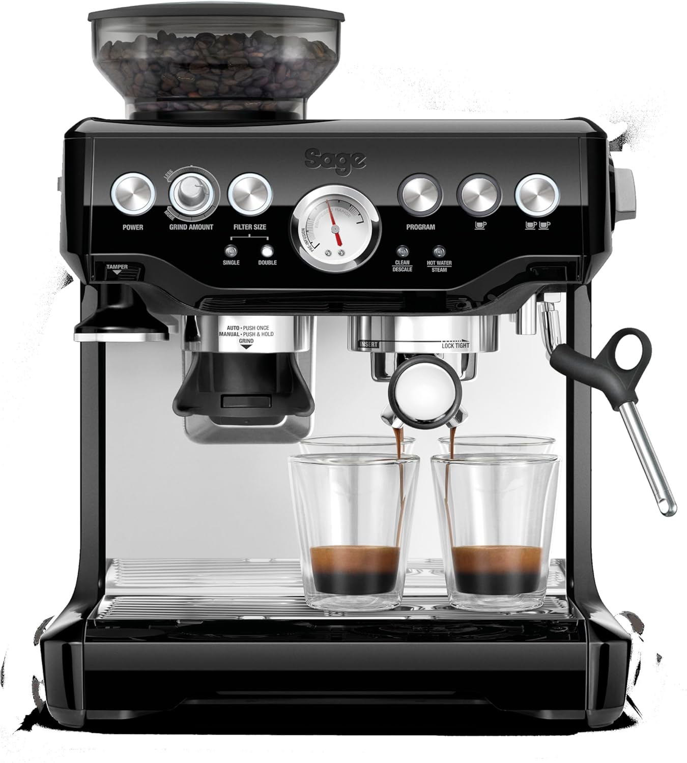 Sage - The Barista Express - Coffee Machine with Manual Milk Frother & Integrated Grinder - 16 Grinding Settings, Automatic Grinding, Individual Milk Foam - Black Gloss