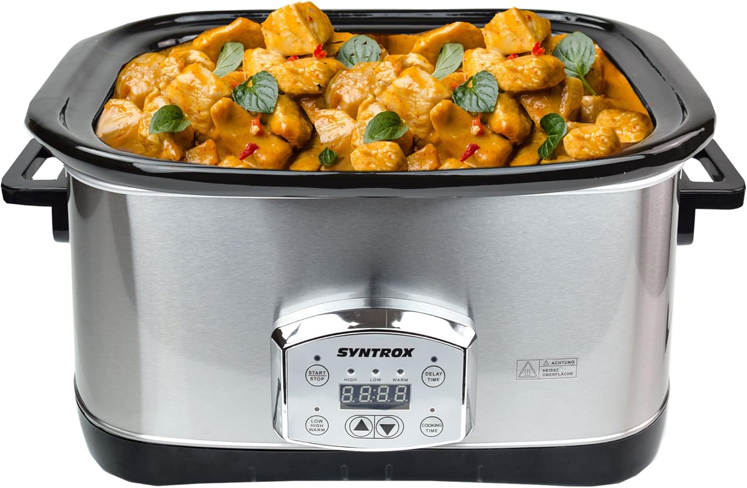 Syntrox Germany 7.5 Liter Digital Stainless Steel Slow Cooker with Timer, Warming Function, Safety Glass and Removable Ceramic Bowl - Slow Cooker