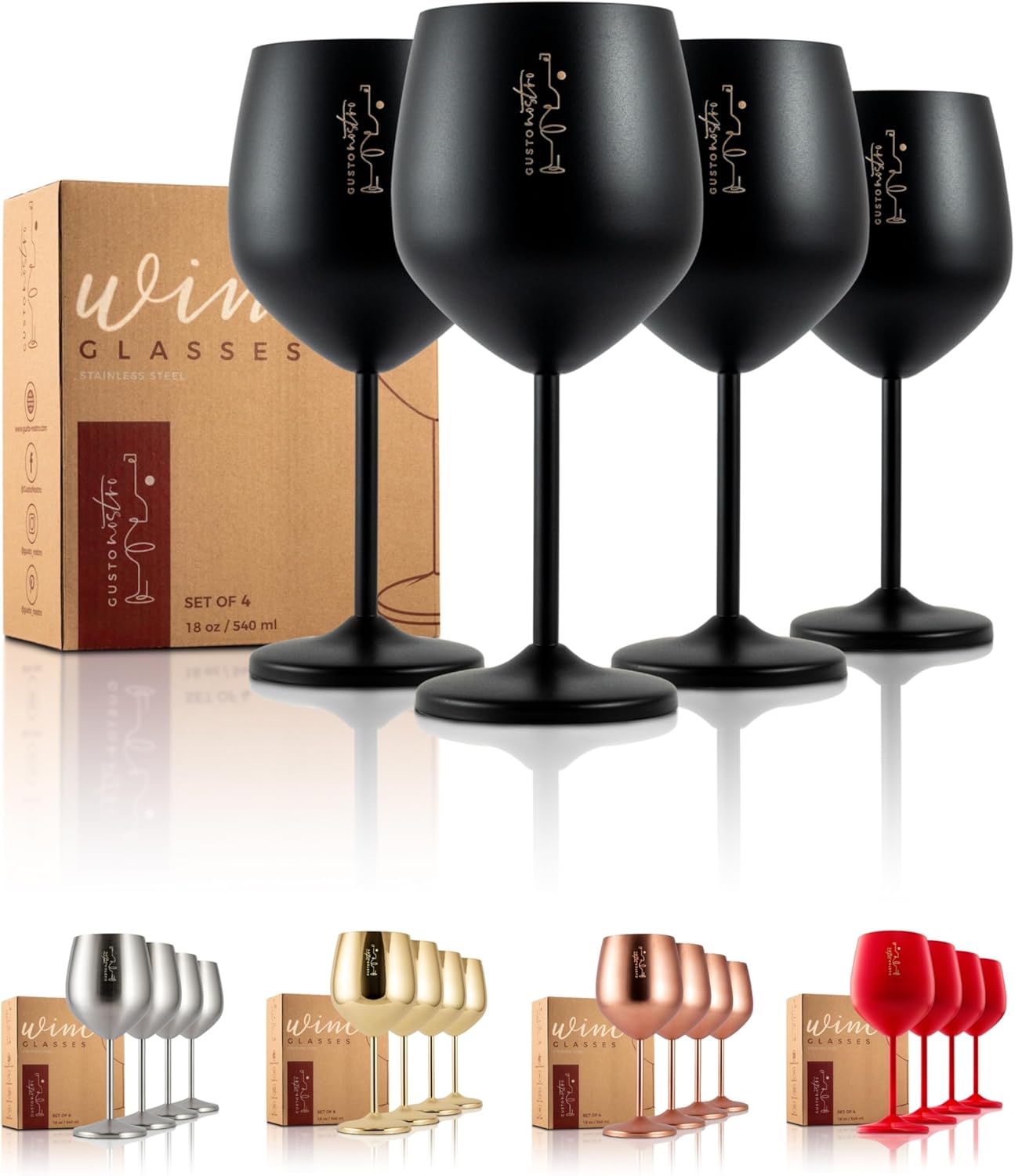 Gusto Nostro Store Gusto Nostro Stainless Steel Stem Wine Glasses - Unbreakable Goblets with 19 oz - Elegant Drinkware in Black for Champagne and Cocktails (Pack of 4)