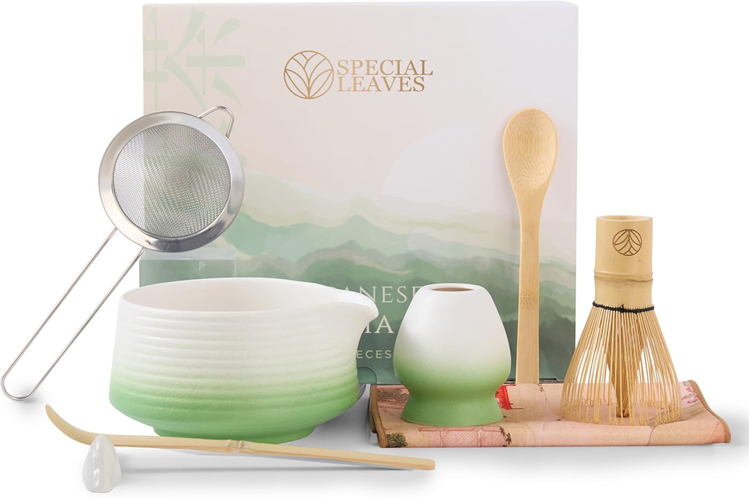 Matcha Set - White-Green - 8-Piece Matcha Tea Set - Matcha Broom, Bowl, Spoon, Scoop, Strainer, Holder & Accessories - Premium Matcha Kit for Matcha Lovers