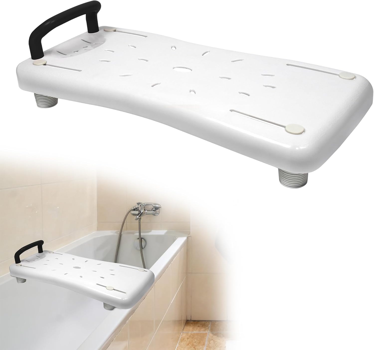 Suusolny Bath Seat for Seniors 70 x 31 cm Bath Board for Sitting Adjustable 41-63 cm Seat Board Bath Board Shower Board Soap Tray & Ergonomic Handle up to 150 kg - Black Handle