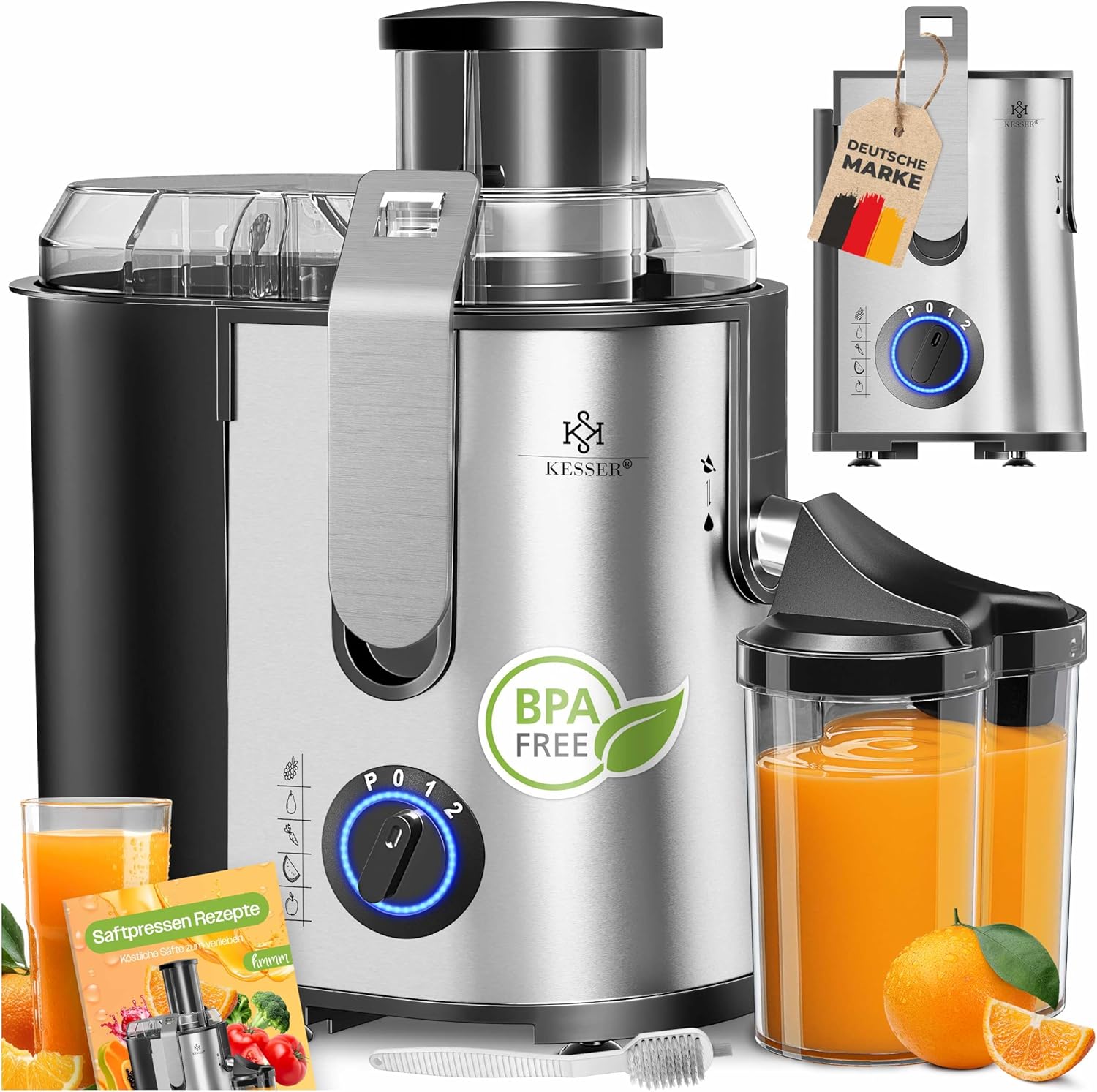 KESSER® juicer for fruit and vegetables made of stainless steel 1100W large 85 mm filling opening incl. Juicer Juicer Cleaning Brush and Juice Container 3 Speed ​​Levels