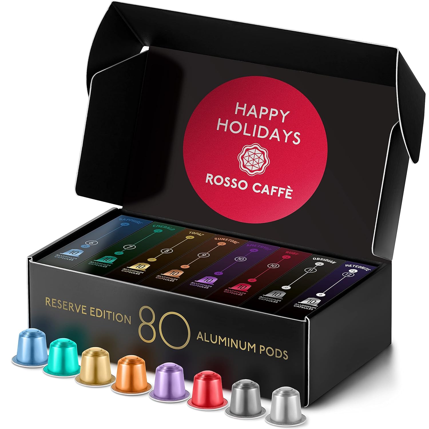Rosso Caffè \ 'Reserve \' Coffee Capsules - Compatible with Nespresso Machines - 80 Aluminum Coffee Pods, 6 Delicious Coffee Flavors - 100% Recyclable Capsules