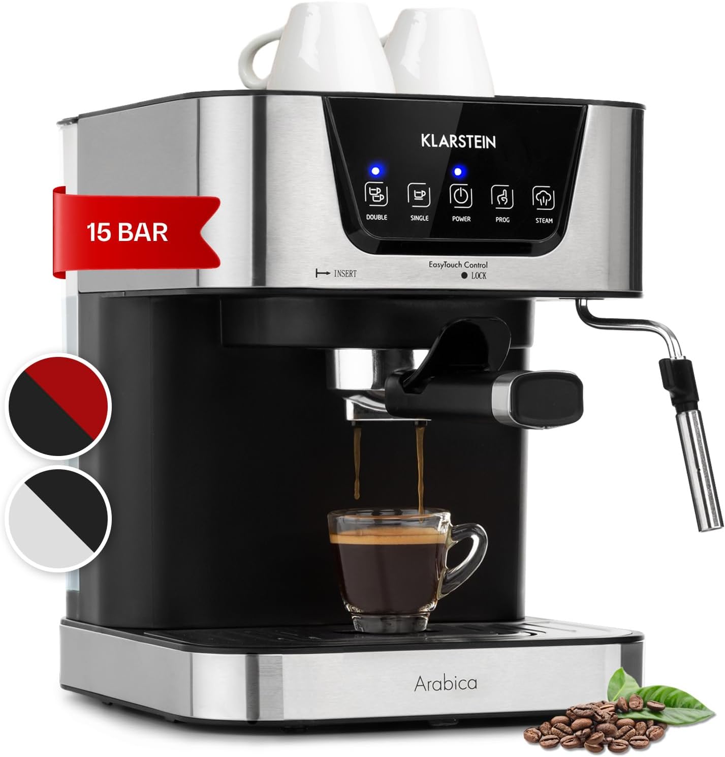 Klarstein Portafilter Machine for 2 Cups of Coffee, 1.5 L, Mini Espresso Machine with Milk Frother, 15 Bar, Small, Stainless Steel, 1050 W