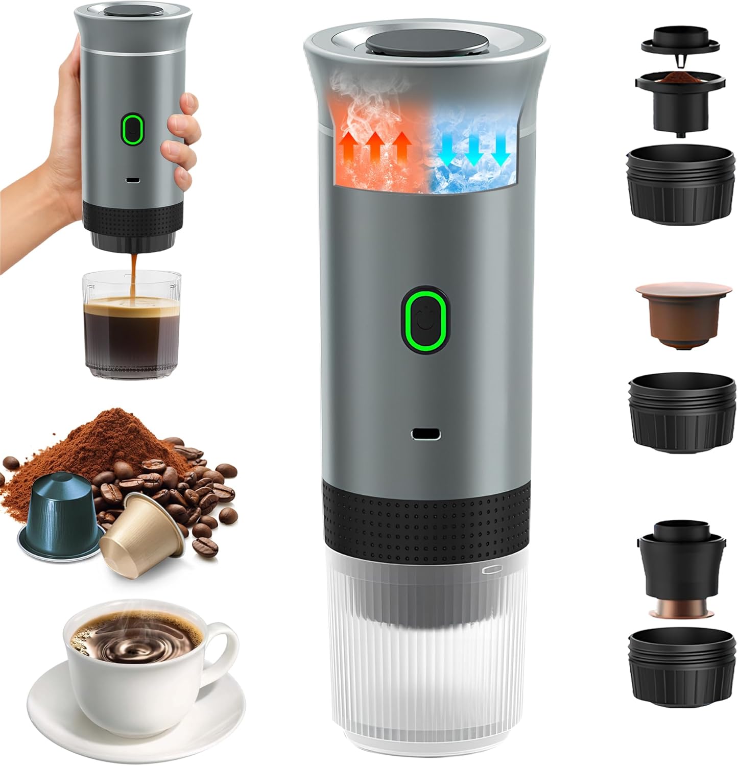 Umisu Portable 3-in-1 Electric Espresso Machine, Capsule Machine and Ground Coffee, Espresso Machine, Electric Fast Heating, for Office, Travel, Camping, Home (Silver)