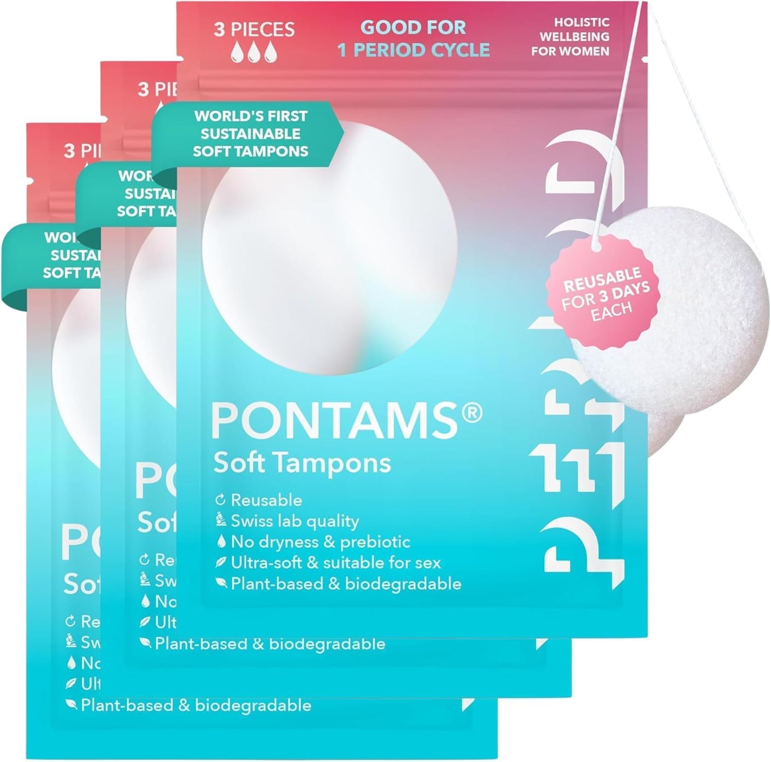 PERIOD PONTAMS Soft Tampons for Women - 3 Day Reusable and Compostable Tampons - Probiotic Balance Support - Ultra Soft Plant-Based 9 Pack