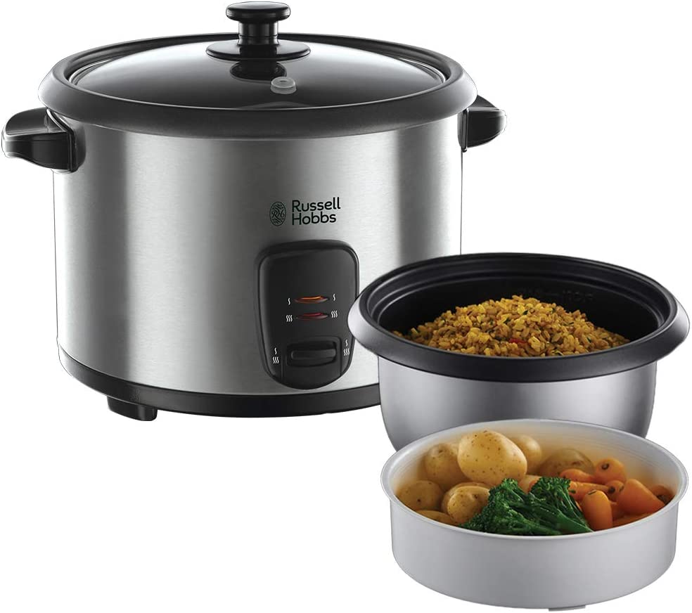 Russell Hobbs Reiskocher [1,8l] inkl. Dampfgarer -Einsatz (Warmhaltefunktion, antihaftbeschichteter Gartopf, Reislöffel & Messbecher) Schongarer für Gemüse & Fisch etc., 19750-56