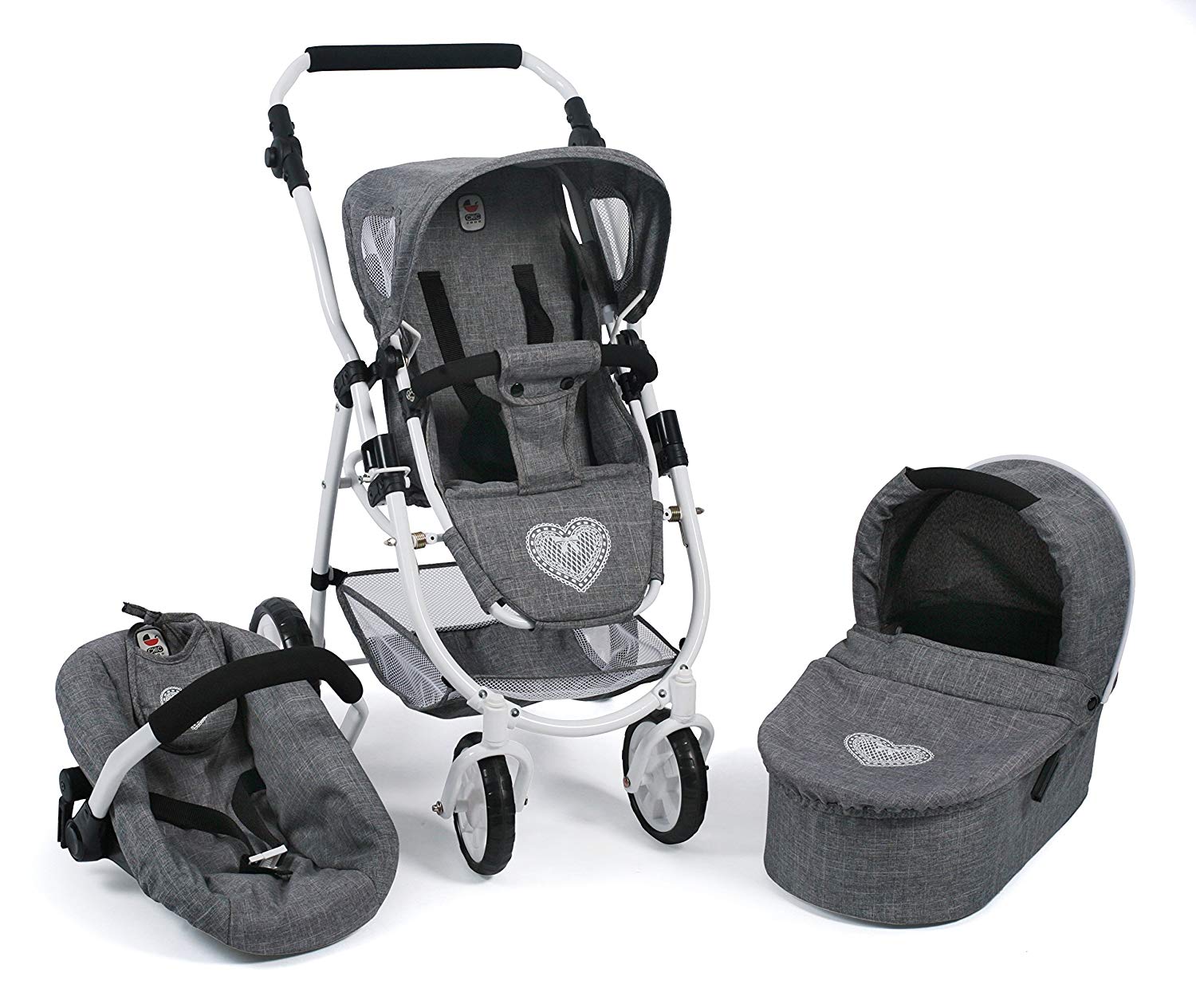 Bayer Chic 2000 637 76 Combi Emotion All In 3 in 1 Doll\'s Pram Jeans Grey