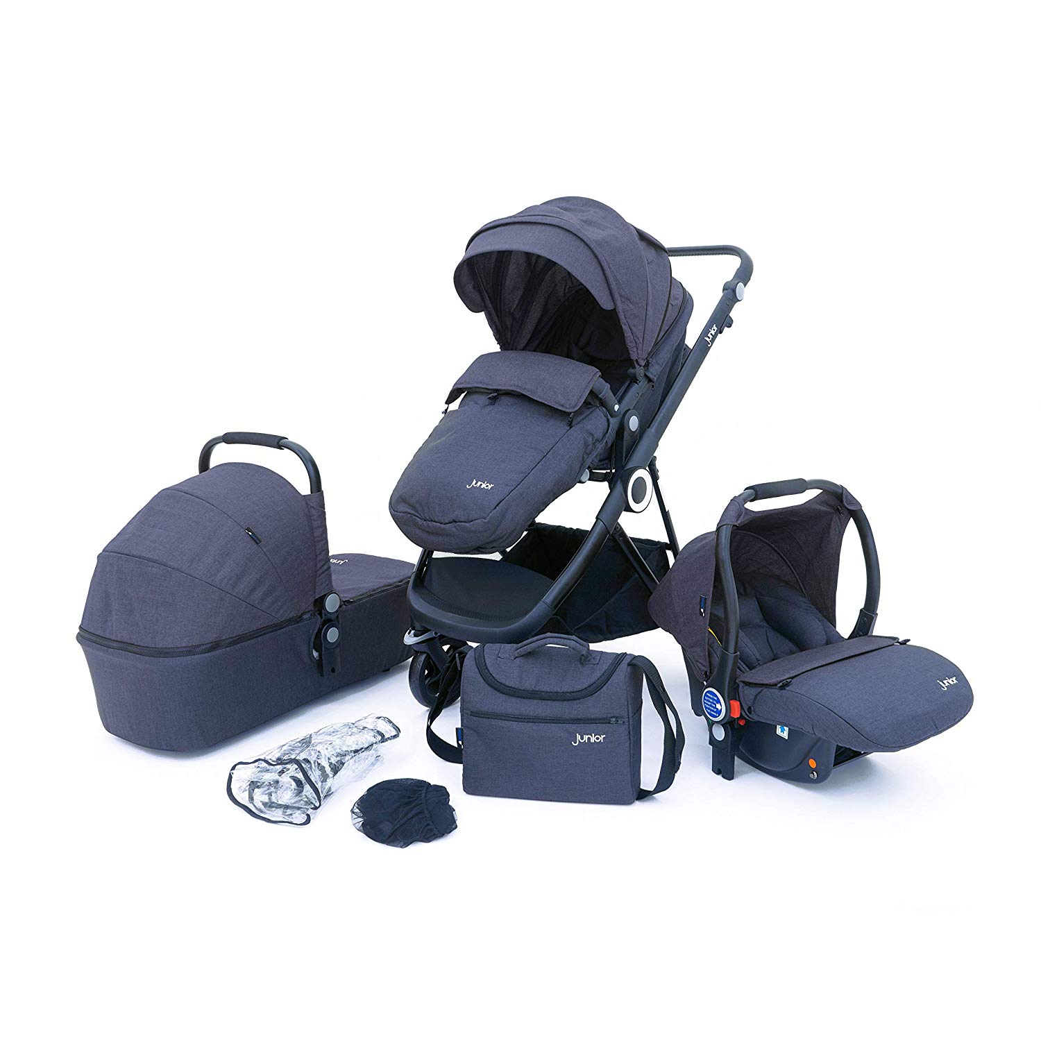 PETEX Kinderwagen \"Multi-Traveller\" Kombikinderwagen 3-in-1 Komplettset 10-teilig mit 3 Aufsätzen und umfangreichem Zubehör, Grau