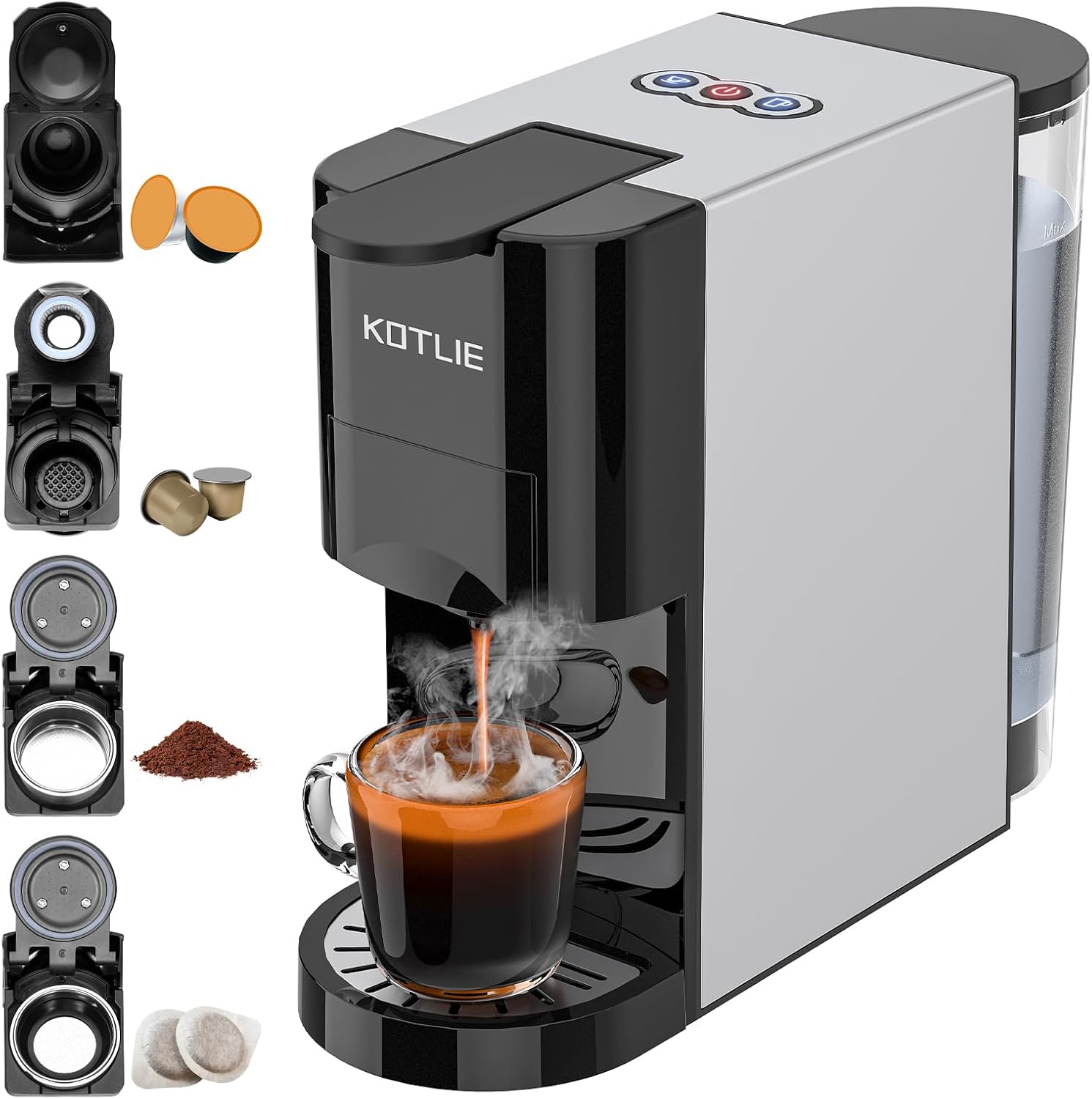 KOTLIE AC-513K 4-in-1 Capsule Coffee Machine for NES/DG/Mixed Coffee/ESE Pads (44 mm), 19 Bar, 1450 W, 800 ml