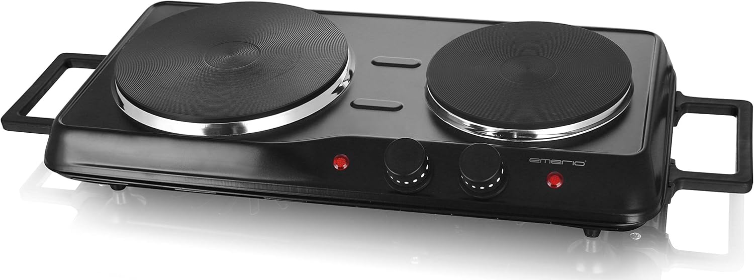 EMERIO HP-114482.7 Double Cooking Plate for Kitchen, Office, Camping, Continuous Temperature Setting, Camping Stove for Two Pots, Stainless Steel, 2,500 Watt, 15.5 cm (no plate) + 18.5 cm (Large Plate