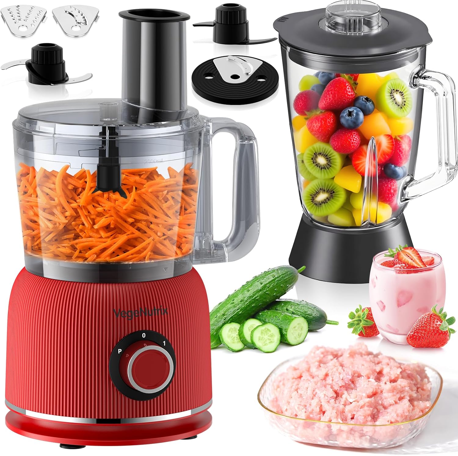 Food Processor and Mixer Combination, 2.5 L Chopper for Meat, Vegetables and Dough, 2 L Stand Mixer with 1500 W Glass Container, 2 Speed ​​Levels and Pulse Function for Smoothies, Nutrient Extraction