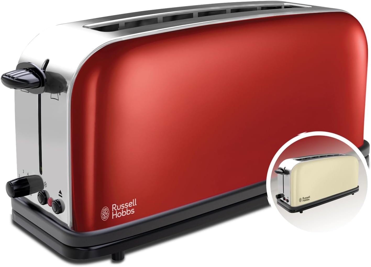 Russell Hobbs Colours+ 21391-56 Toaster Long Slot for 2 Slices / 1 Wide Bread Slice Stainless Steel Red (Extra Wide Toast Slots, Including Bread Attachment, 6 Browning Levels + Defrost Function,