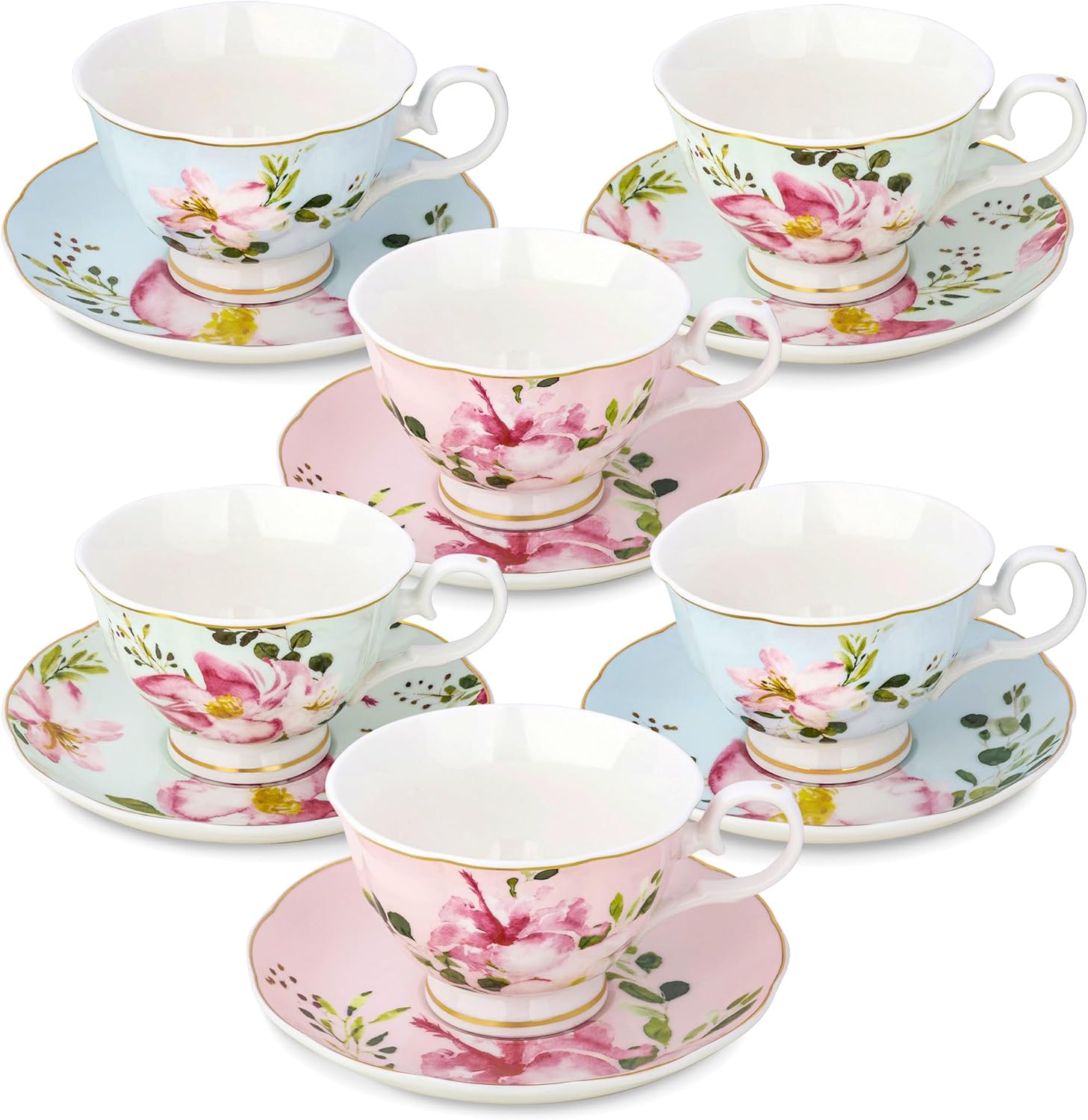 fanquare Floral Pattern Tea Cups and Saucers Set of 6 Assorted Pastel Flowers Porcelain Coffee Cup with Golden Rim Dishwasher and Freezer Safe