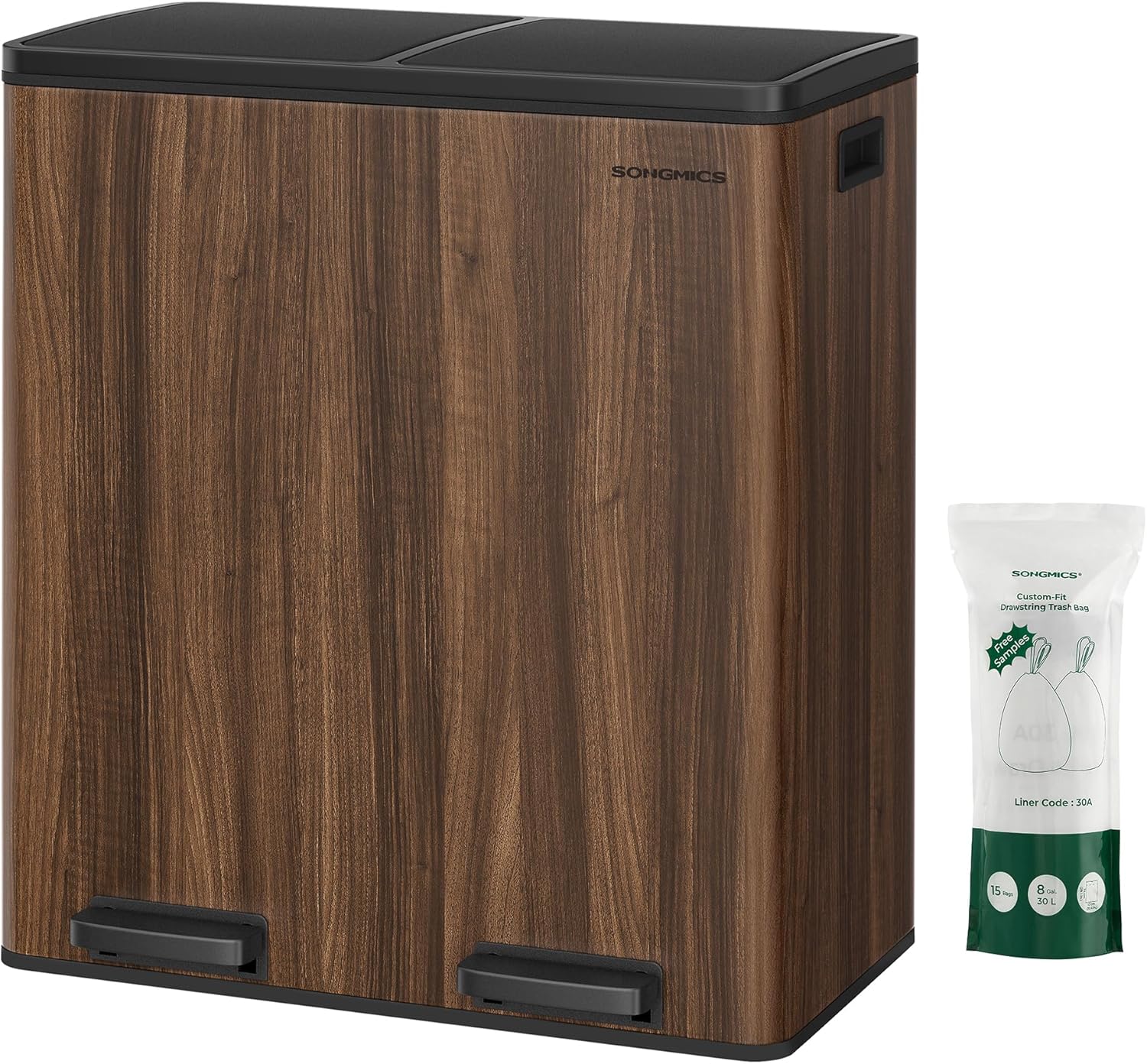 SONGMICS LTB060N02 Rubbish Bin, 2 x 30 Liters, 2 Compartments, Waste Separation System, Pedal Bin, Kitchen, 15 Rubbish Bags, Metal, Plastic Inner Bucket, Hinged Lid, Soft Close, Dark Walnut