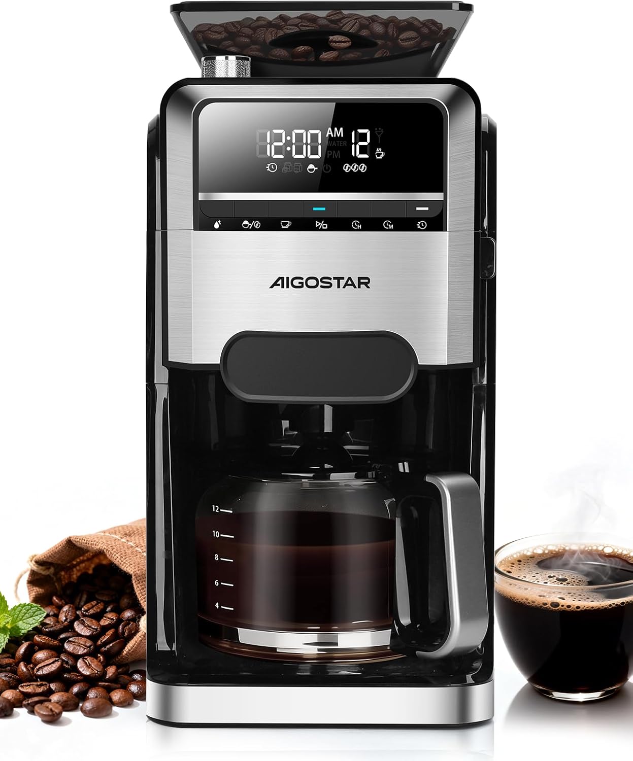 Aigostar Coffee Machine with Grinder, 1400 W Filter Coffee Machine, 7 Grinding Levels, 3 Aroma Levels, 1.5 Liter Coffee Machine (2-12 Cups), 24H Timer, Warming Function, Black for Fresh Coffee
