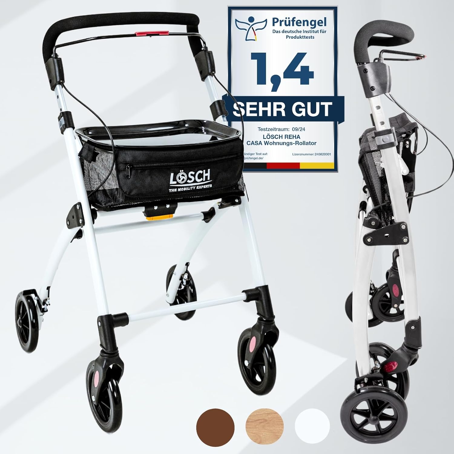 Casa Soft White Slim Rollator for Home & Indoor Use, Foldable & Lightweight, 5 kg, Height-Adjustable Home Rollator from Lösch Reha I Reliable Walking Aid for Seniors