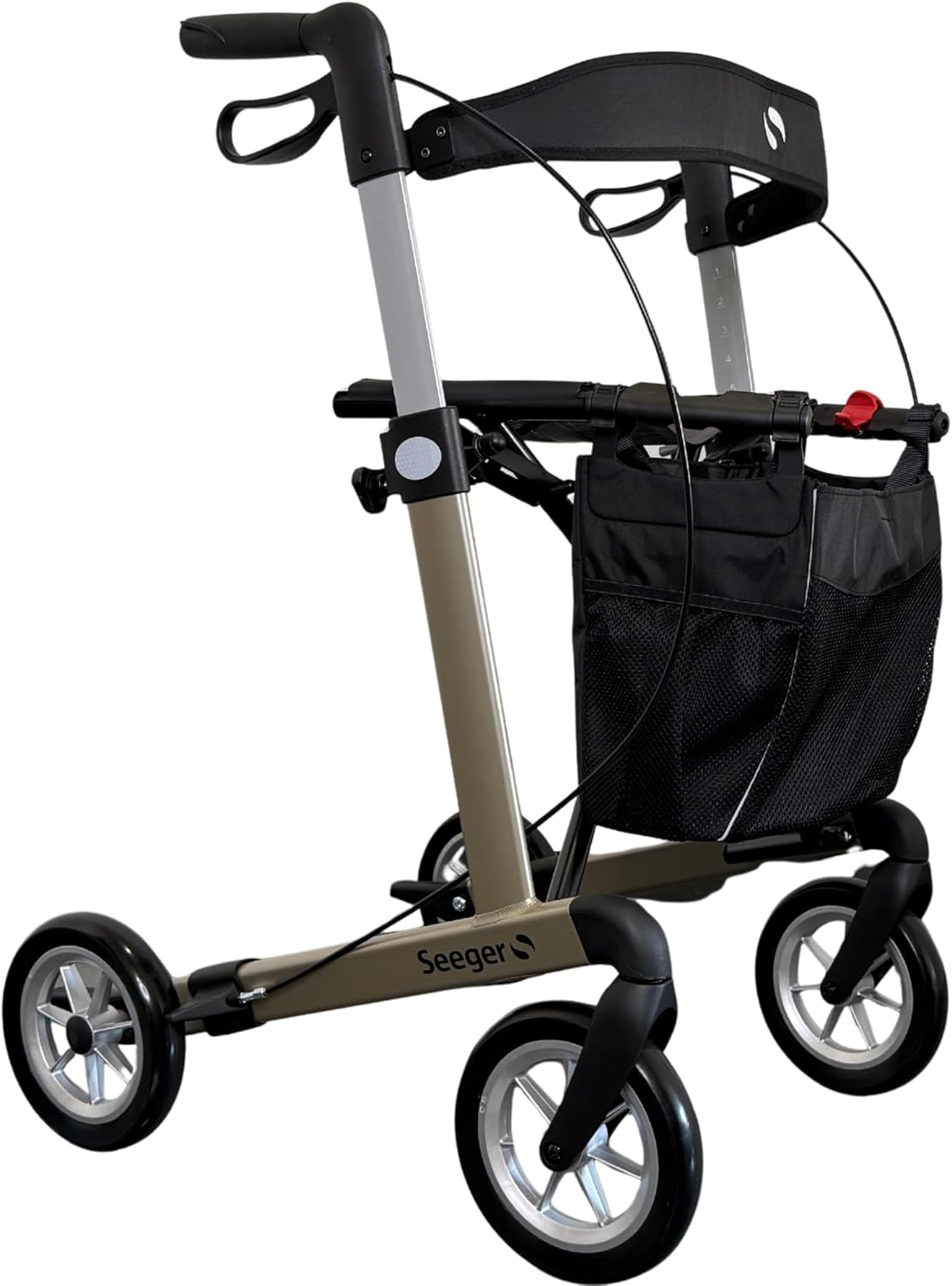 Rehasense Lightweight Rollator Server (Seeger Logo), Lightweight and Foldable, Aluminum Rollator Maximum Load 150 kg with Removable Shopping Bag, Includes Back Strap, Bag and Stick Holder (M)