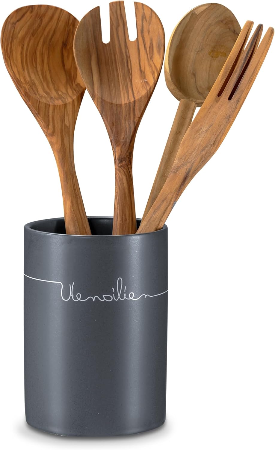 KHG Storage Jars Set Ceramic Anthracite Wood Lid Coffee Container Potato Box Onion, Utensil holder