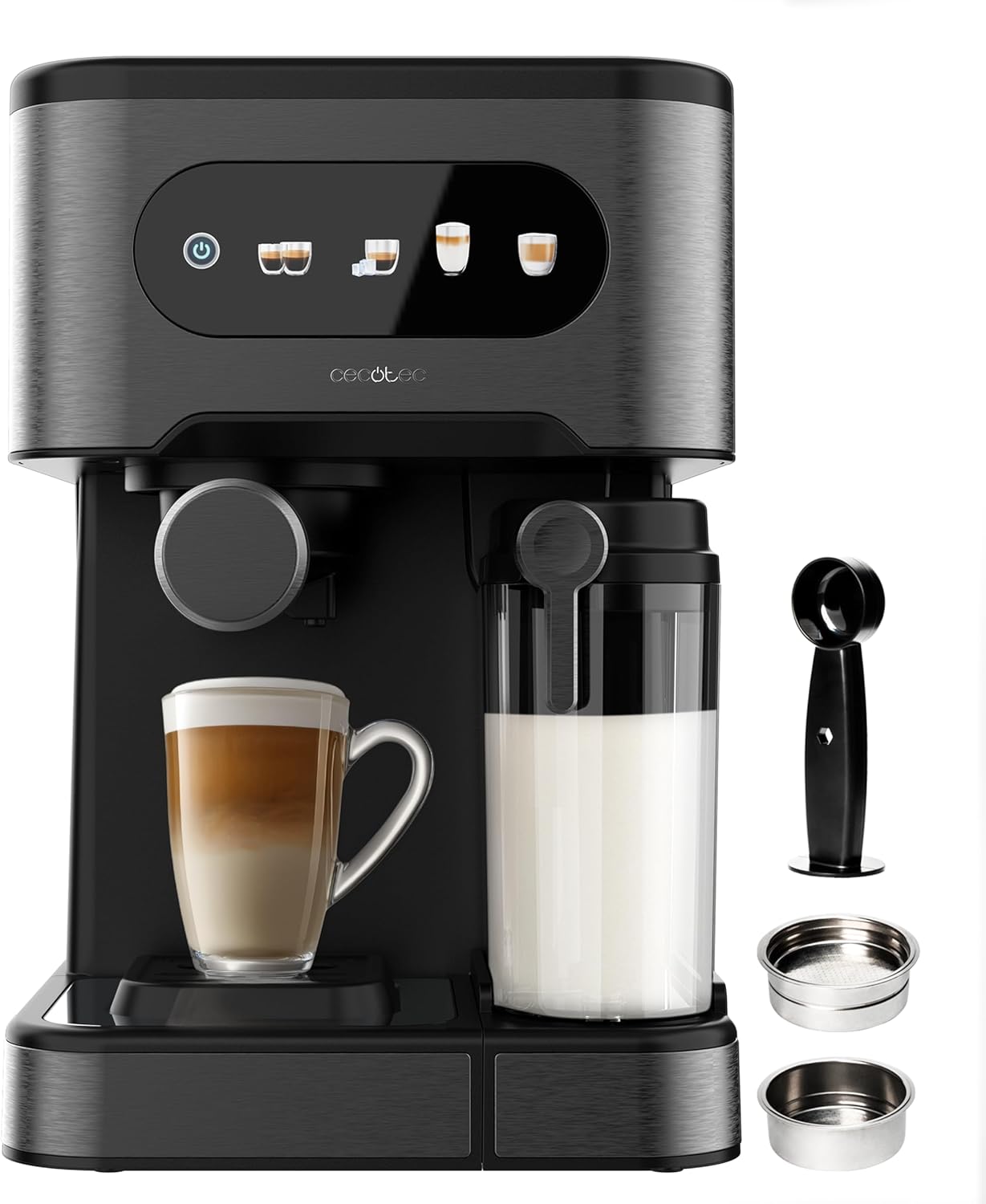 Cecotec Espresso Machine Power Espresso 20 ColdBrew Latte Fresh. 1350 W, 20 Bar, ColdBrew, Color Touch Screen, 1.5 L Water Tank, 500 ml Milk, Dark Steel, Cup Warmer, Double Arm, Removable