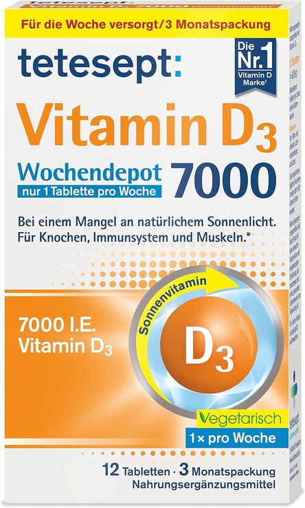 tetesept Vitamin D3 7000 High Dose - with Vitamin D 3 - In the Event of a Lack of Natural Sunlight - for Bones, Immune System and Muscles