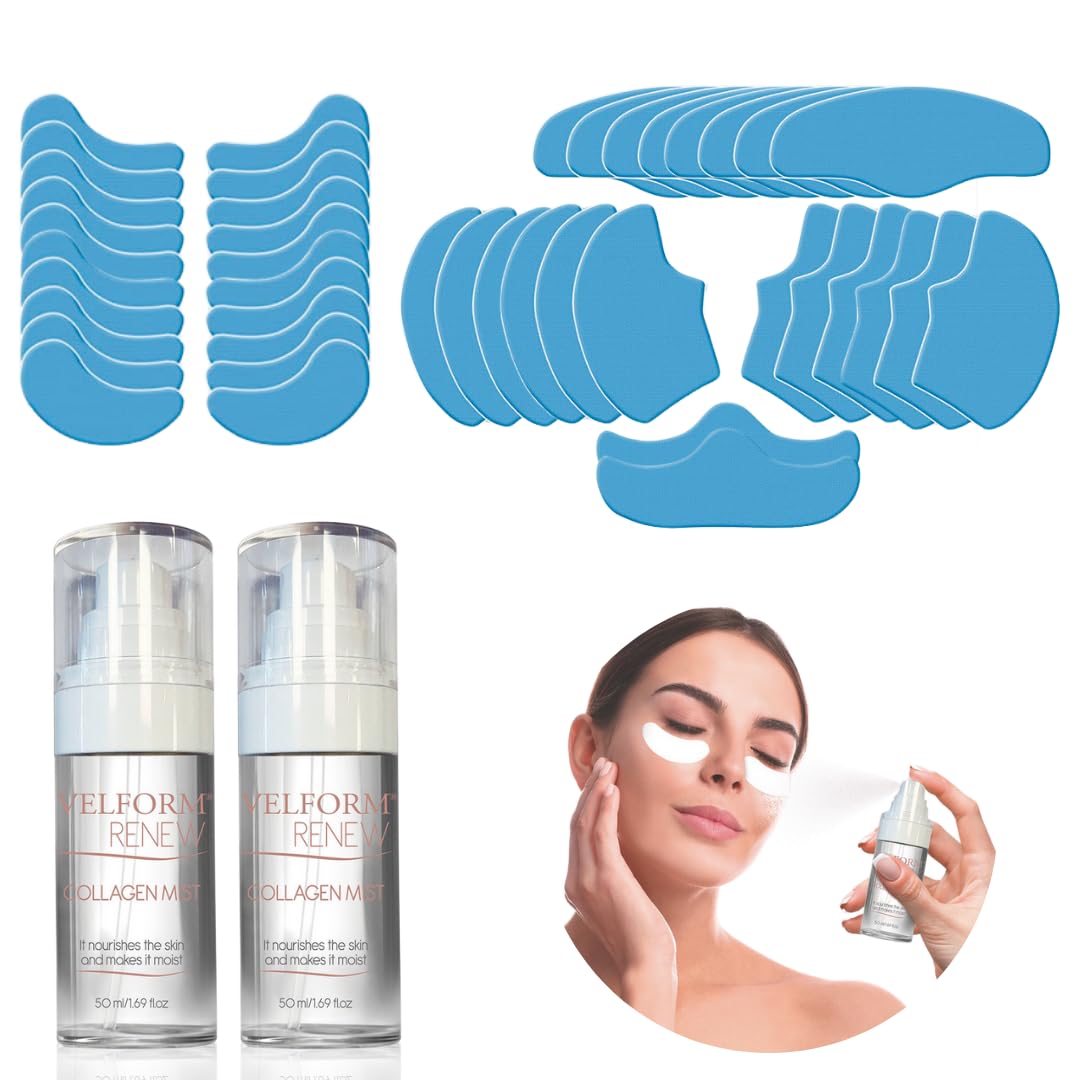 Velform Renew Anti-Wrinkle Eye Mask Eye Patch Neck Forehead and Cheeks with Collagen Protein Spray Effective Treatment Lifting Reduces Wrinkles (2 Boxes, 42 Patches)