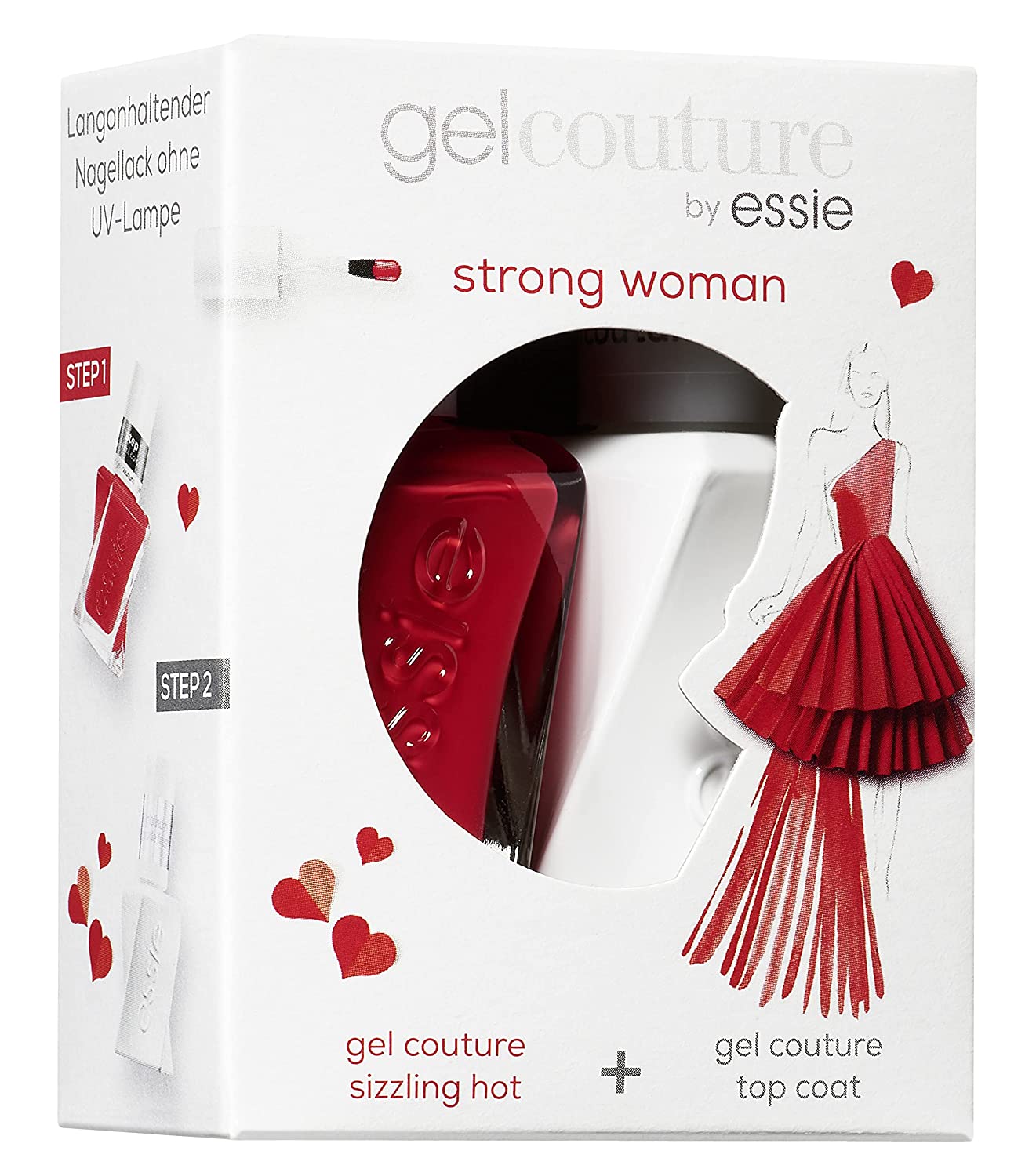 essie Nail Polish Gel Couture Routine Gift Set Strong Woman (No. 470 Sizzling Hot, Red, 13.5 ml + Gel Couture Top Coat, 13.5 ml), ‎strong