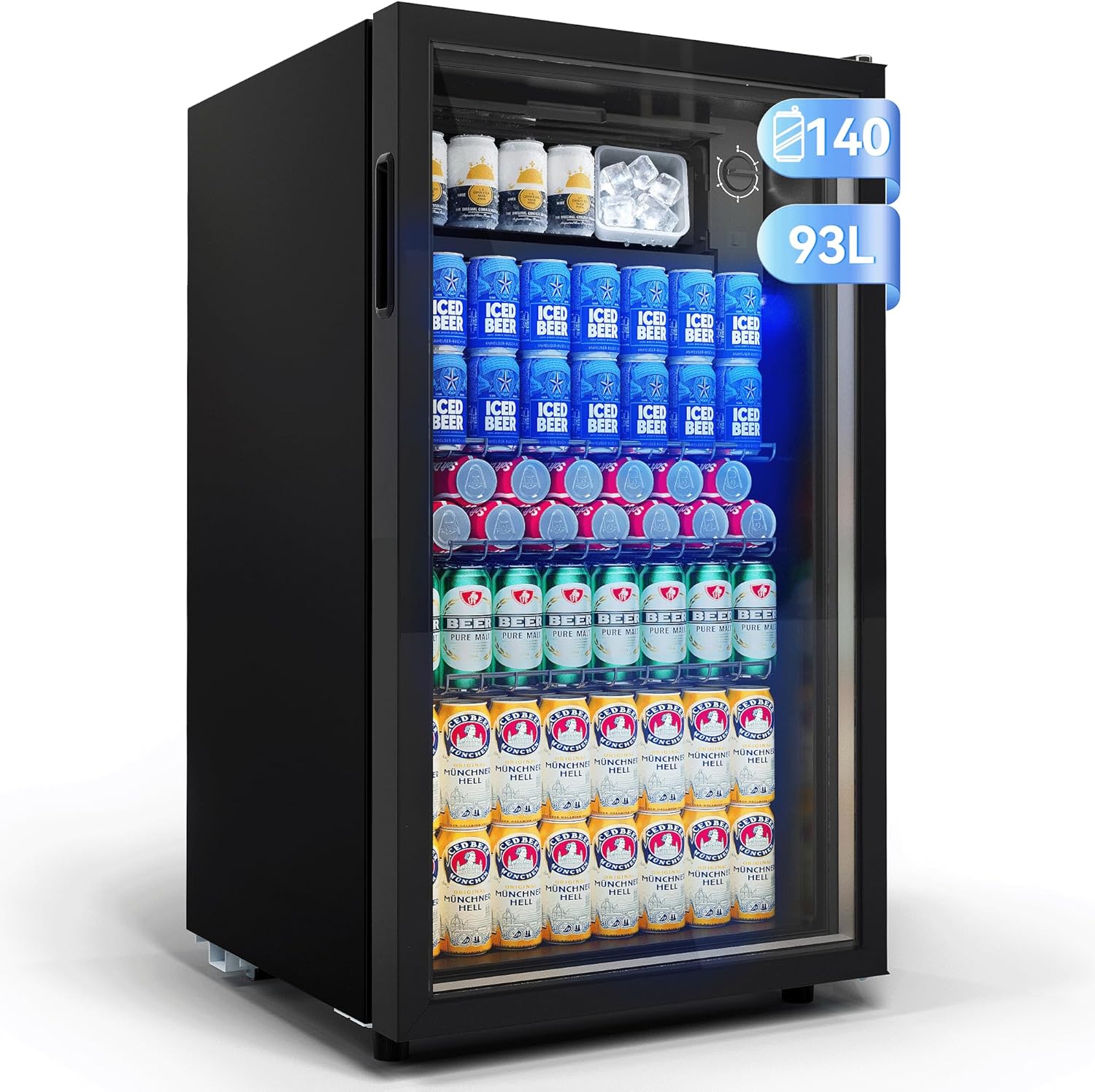 85L Drinks Fridge with Glass Door and Blue LED Lighting, 3 Adjustable Shelves for Soda/Beer/Wine, Perfect for Home, Parties, Bele LED Lighting Drink Refrigerators