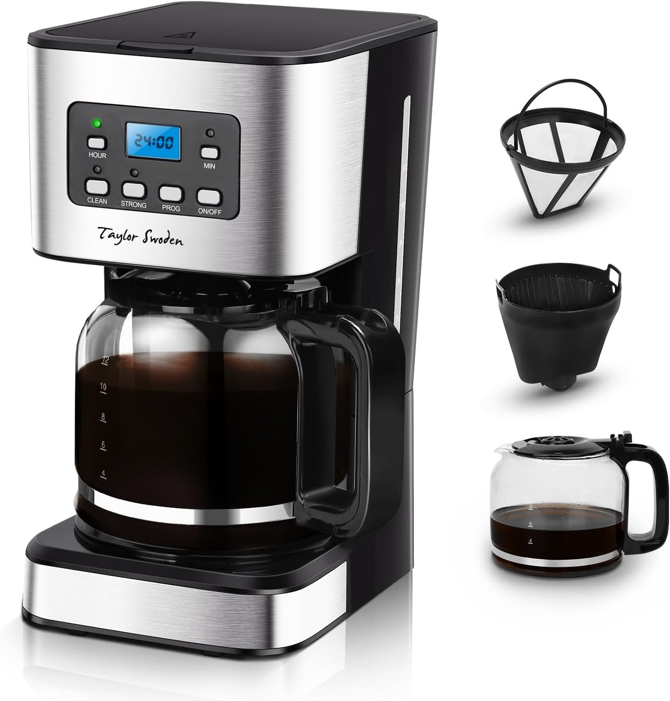 Taylor Swoden 950W Kaffeemaschine mit Timer,1.5L Filterkaffeemaschine 12 Tassen, Abschaltautomatik, Tropf-Stopp, Wiederverwendbarem Filter und Heizplatte, BPA-frei, Schwarz(Darcy/300105QUK)