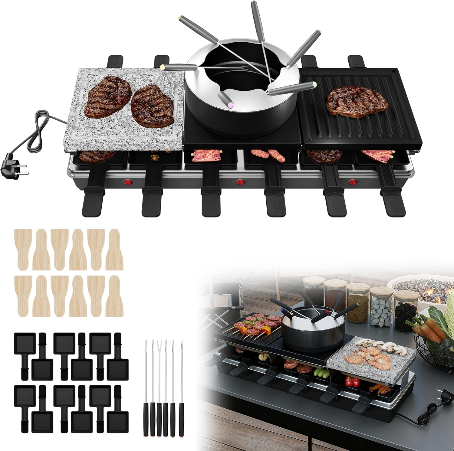 XMTECH Multifunctional Raclette & Table Grill 1650 W for 12 People with Natural Stone & Non-Stick Plates, Hot Pot, 12 Mini Grill Plates, Stainless Steel Forks & Wooden Spatula - Party Grill for Family