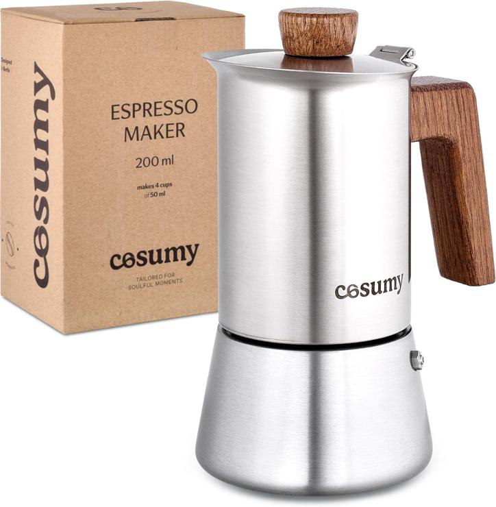Cosumy Espresso Maker Induction Suitable for All Hobs - Stainless Steel Mocha Pot 4 Cups and FSC Oak Wood - Extra Silicone Seal - 200 ml Silver