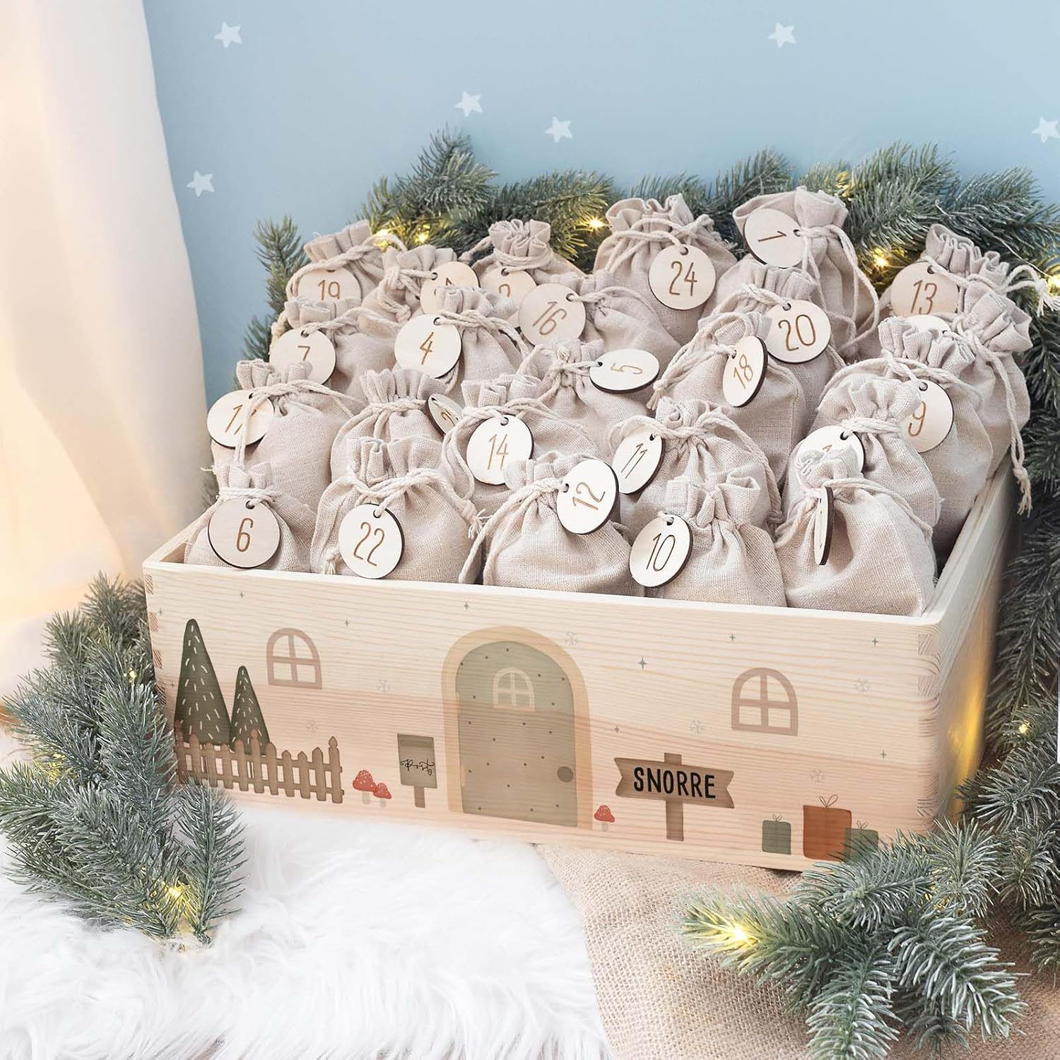 Personalized Advent Box - Wooden Advent Calendar with Name - Engraving Calendar DIY - Christmas Calendar for Children - Hello Mini (Gnome Print)
