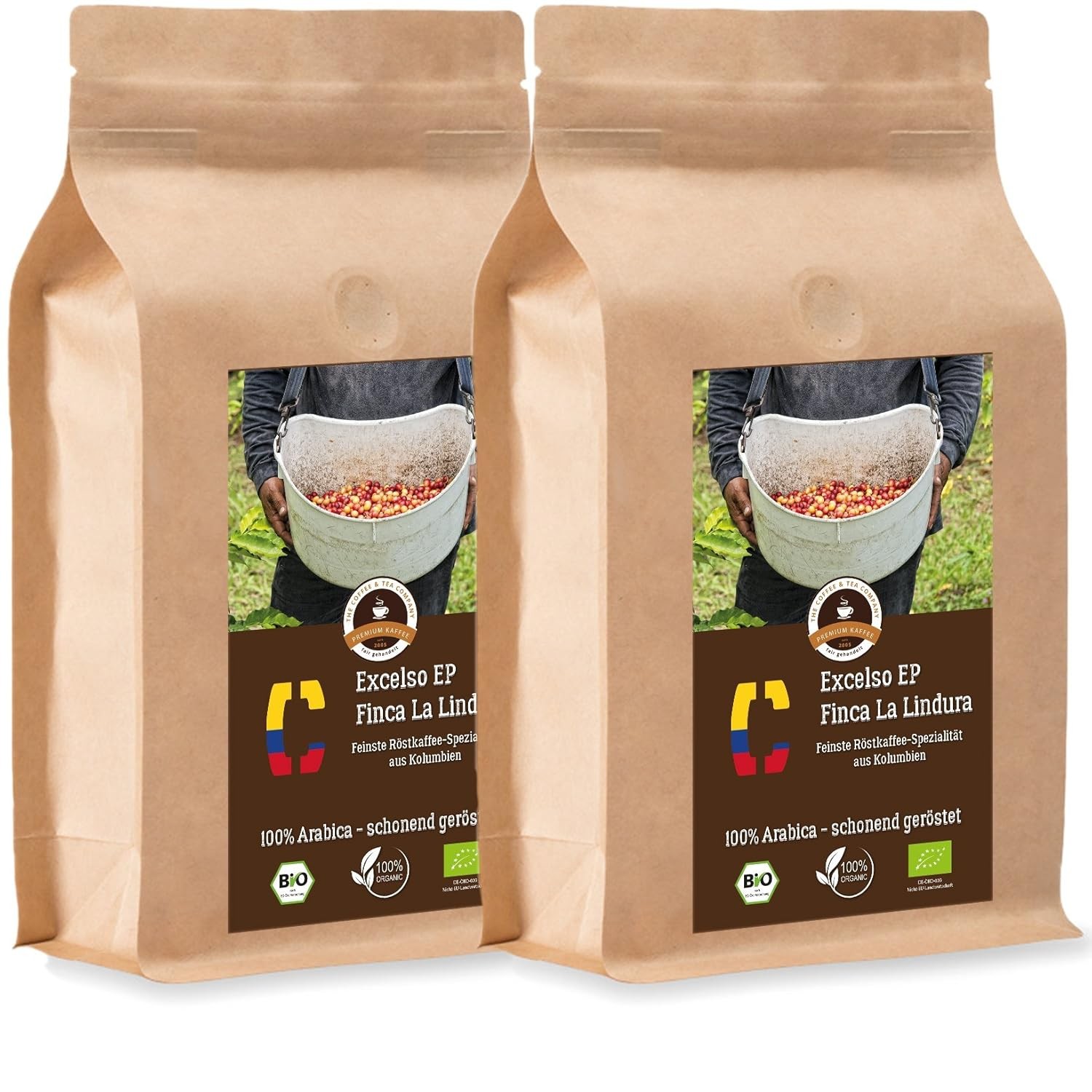 Kaffee Globetrotter Coffee Globetrotter - Colombia Excelso EP Finca la Lindura - Organic - 2 x 1000 g Very Fine Ground - for Fully Automatic Coffee Grinder - Roasted Coffee from Organic Cultivation | Refill pack economy