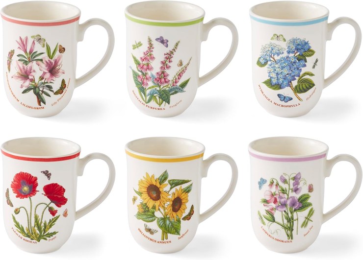 Portmeirion Portmerion Botanic Garden Meadow Coffee Mug, 10oz Assorted Tulip Design, Stoneware, Microwave and Dishwasher Safe, Everyday Breakfast Cups for Tea or Coffee, Set of 6