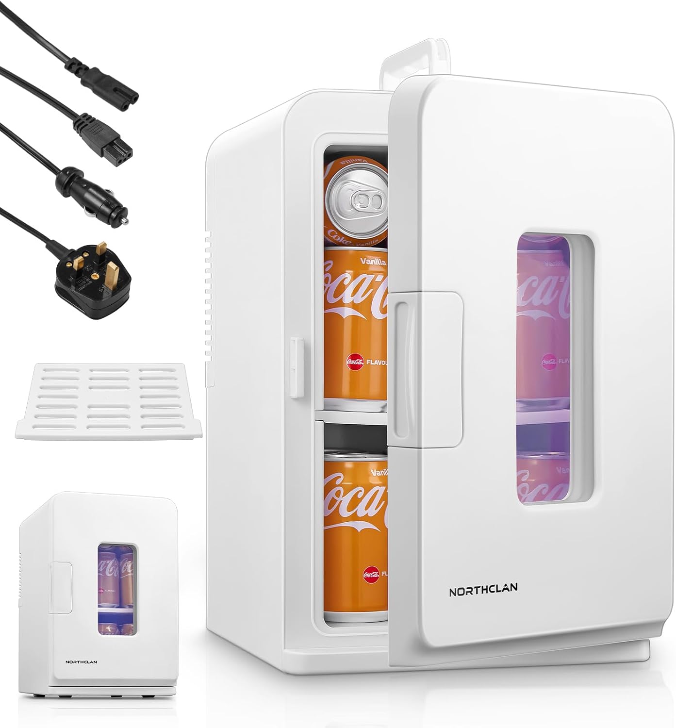 NORTHCLAN 2 in 1 Mini Fridge 15 Liters / 21 Cans, Portable with Cooling and Heating Function, 12 V DC/220 V AC for Cars, Offices and Dormitories, Drinks, Cosmetics, Black, Max & Eco Mode, White