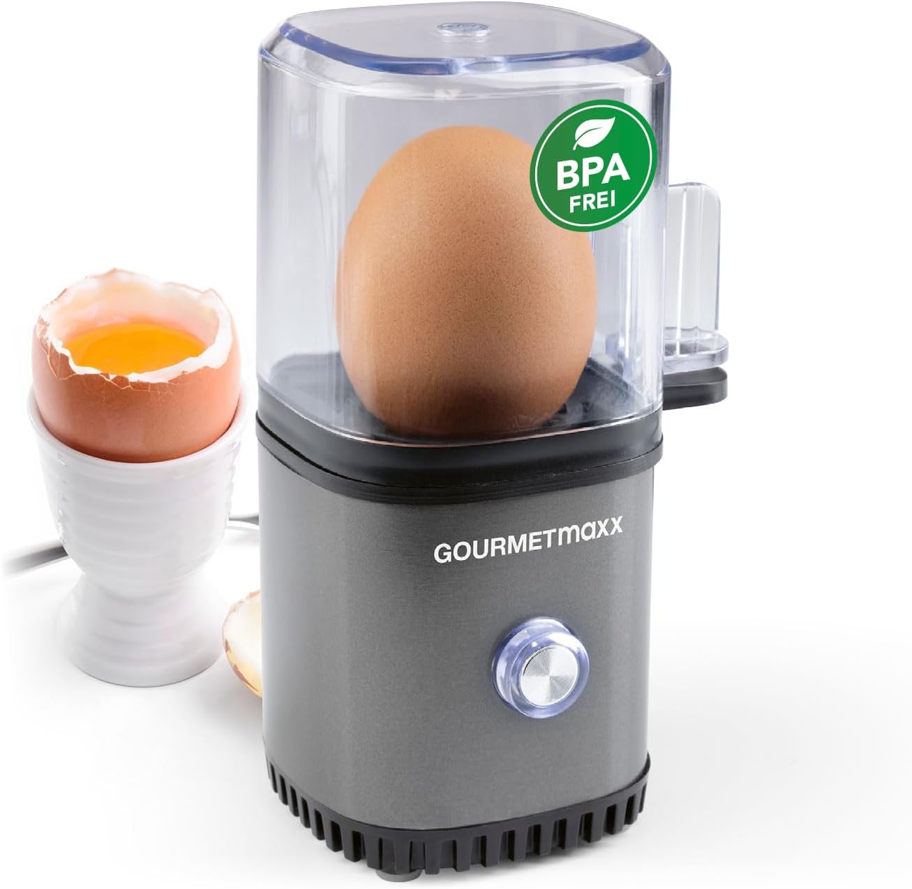 GOURMETmaxx Egg Cooker for 1 Egg | Egg Boiler with Egg Cutter in Measuring Cup | Egg Cooker - 3 Hardness Levels for Your Egg Cup | Small Egg Cooker Design - Dishwasher Safe Parts
