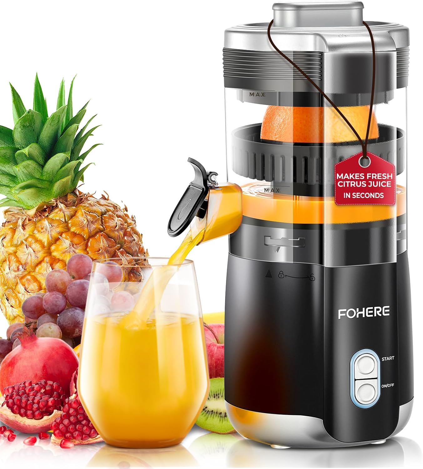 FOHERE Electric Citrus Juicer, Automatic Juicer Electric Orange Squeezer with 100 W Quiet Motor, BPA-Free, 2 Press Cones for Lemon, Apple, Grapes and Pomegranates, Black