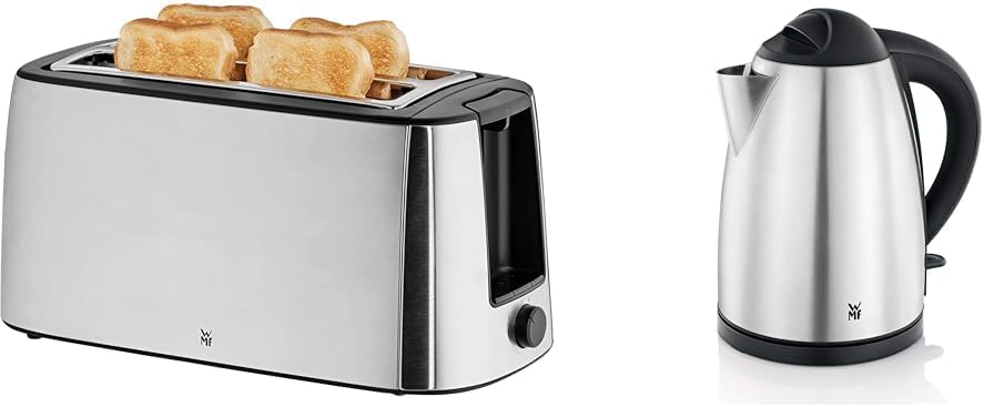 WMF Bueno Pro Toaster Long Slot with Bun Attachment, 4 Slices, XXL Toast & Bueno Kettle, Stainless Steel, 1.7 L, Electric Kettle with Limescale Filter, 2400 W